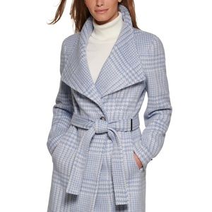 Calvin Klein Women’s Asymmetrical Belted Wrap Coat- blue and white houndstooth